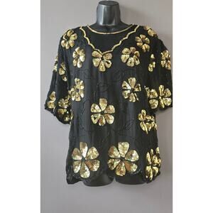 Black Gold Flower Sequin Laurence Kazar Blouse,1X/2x